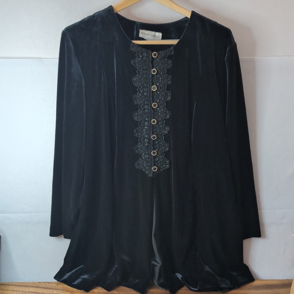 Betsys Things Vtg Black Velvet Tunic Top Lace Button Front 24W Whimsigoth 90s
